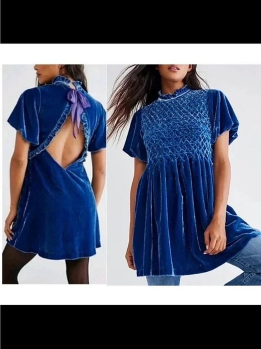 Free People Gum Drop Velvet Open Back Mini Dress Blue Deep River small
